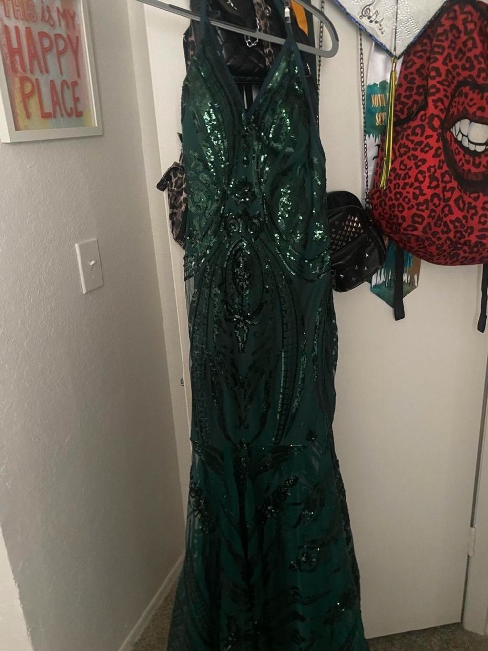 Emerald Sequin Halter Evening Gown - Women's Formal Dress
